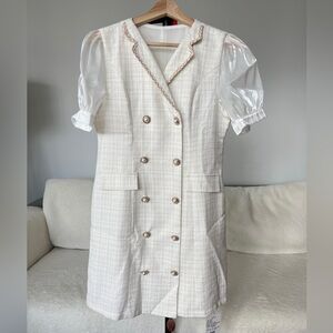 Tweed Double-Breasted Jacket Dress with Sheer Puff Sleeves – White & Gold Pastel